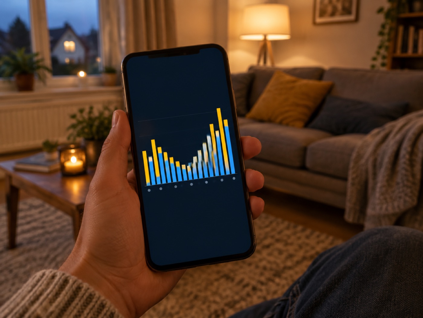 Telefoon met een grafiek van stroomprijzen per uur in een huiskamer