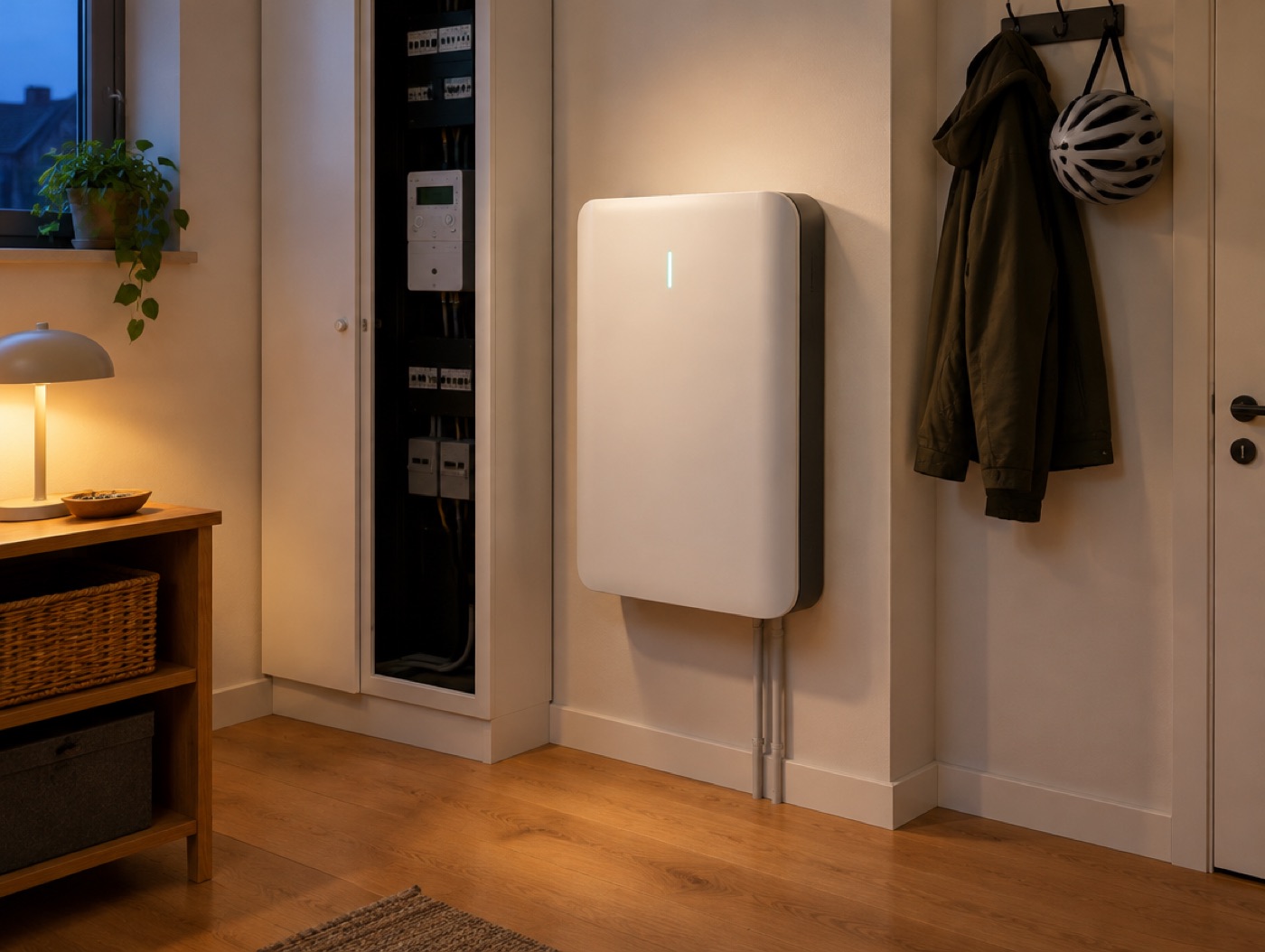 Witte thuisbatterij aan de muur naast de meterkast